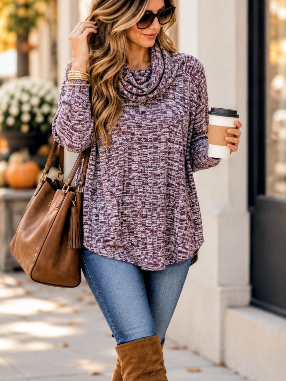 Sunday Marled Plum Cowl Neck Sweater Tunic Burgundy Fall Comfort  L